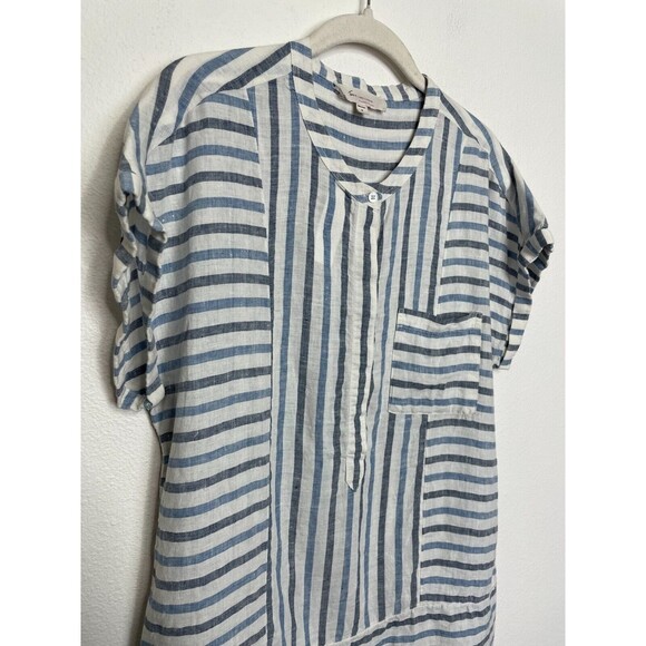 Two by Vince Camuto Medium Woven Striped Tunic Top Blue Linen Cuffed Cap Sleeve - Picture 4 of 12